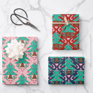 Christmas trees, hearts and candy red pink blue wrapping paper sheet