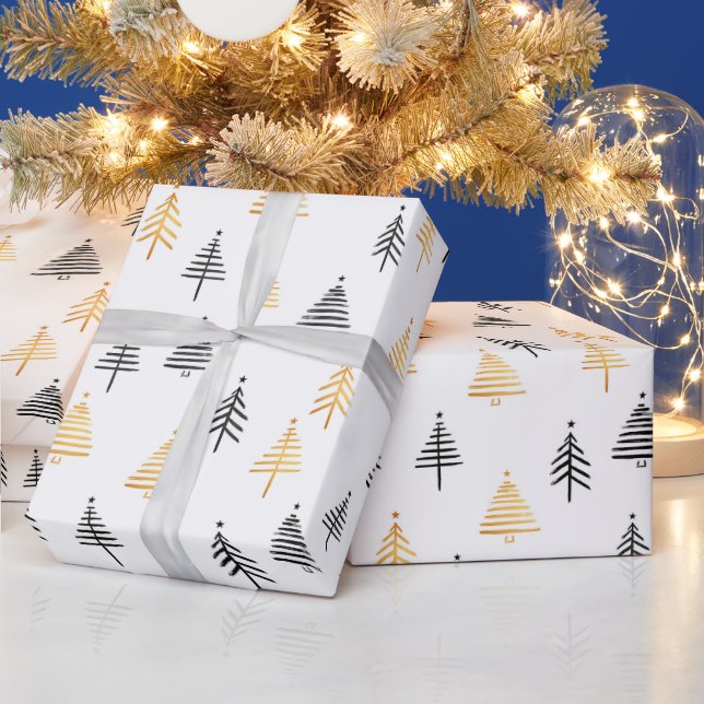 Christmas Trees Holiday Elegant Modern Black Gold Wrapping Paper (Holidays)