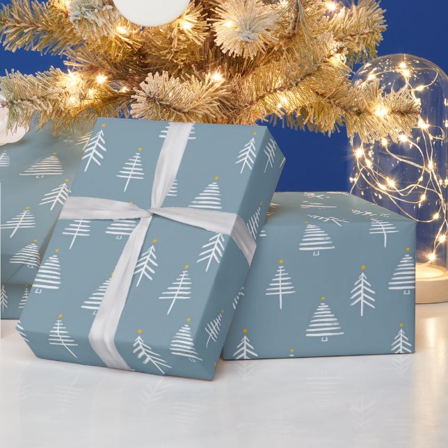 Christmas Trees Holiday Elegant Modern Blue White Wrapping Paper (Holidays)