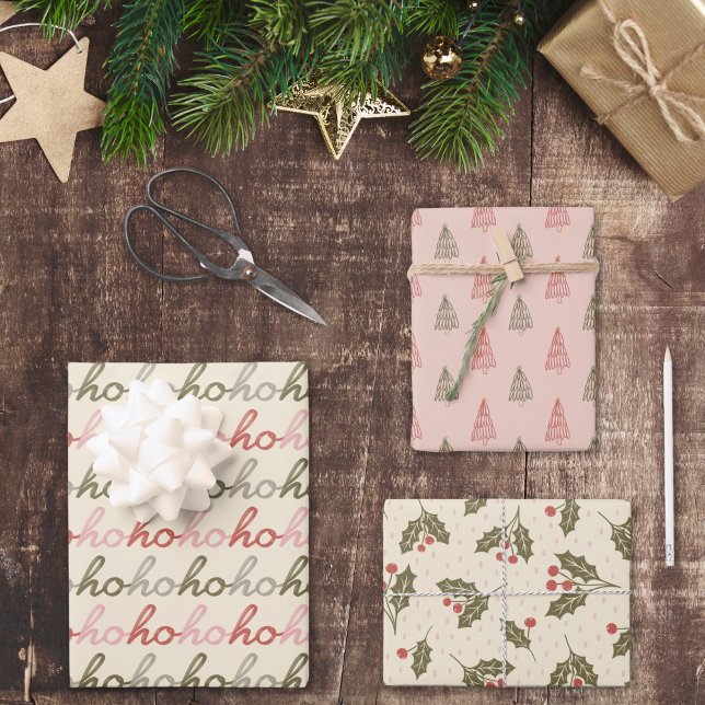 Christmas trees, Holly & Hohoho Calligraphy Wrapping Paper Sheet (Creator Uploaded)