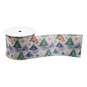 Christmas Trees in Colourful Snow Satin Ribbon