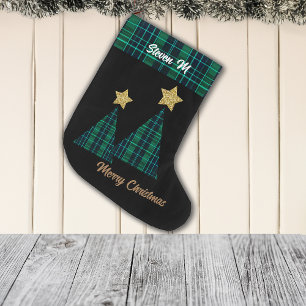 Christmas Trees in Green Plaid Gold Star Large Christmas Stocking