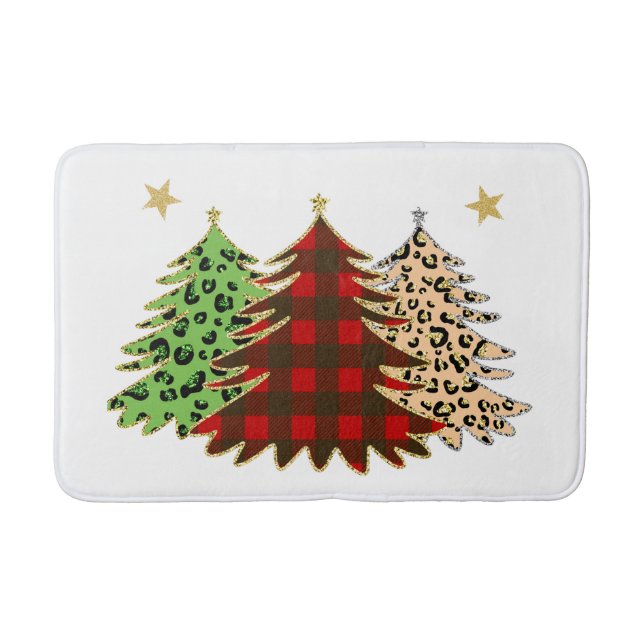 Christmas Trees in Red, Green & Gold Animal Print Bath Mat (Front)