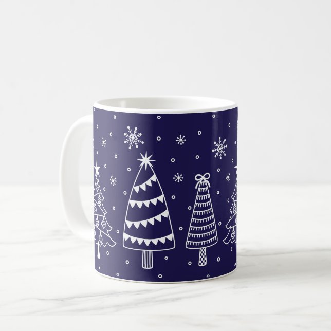 Christmas Trees in Snow Chalk Board Blue and White Coffee Mug (Front Left)