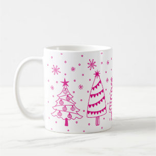 Christmas Trees in Snow Pink and White Inky Doodle Coffee Mug