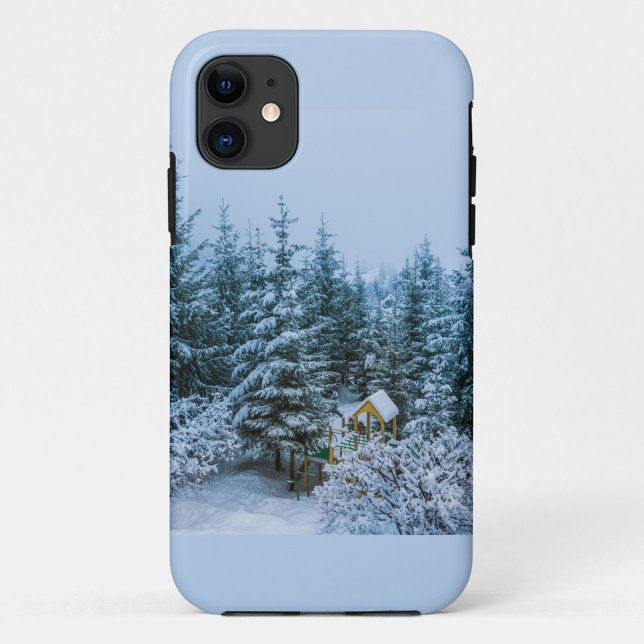 Christmas Trees iPhone Case (A photograph of a light blue phone case with a winter scene on the back.)