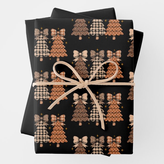 Christmas Trees Leopard Plaid Bow Xmas Holiday Wrapping Paper Sheet (In situ)
