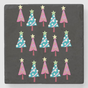 Christmas Trees Marble Stone Coaster, Pink & Blue Coaster