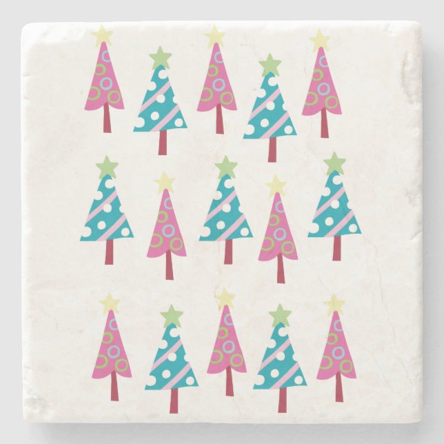 Christmas Trees Marble Stone Coaster, Pink & Blue Stone Coaster (Front)