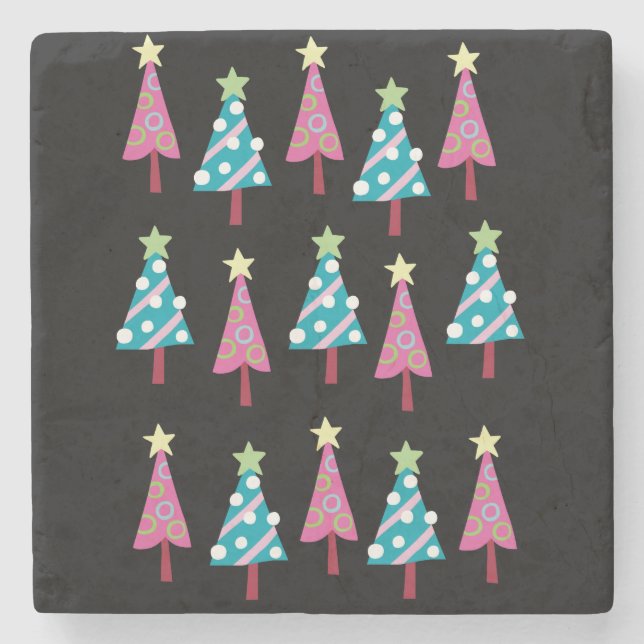 Christmas Trees Marble Stone Coaster, Pink & Blue Stone Coaster (Front)
