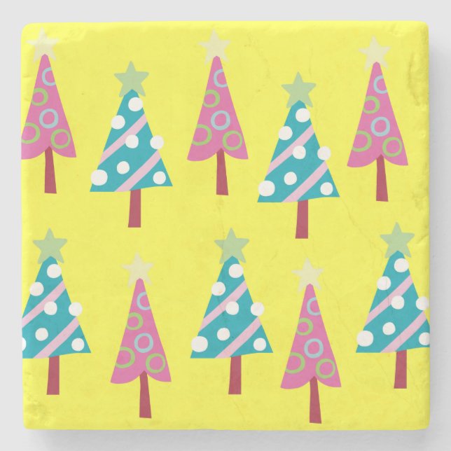 Christmas Trees Marble Stone Coaster, Pink & Blue  Stone Coaster (Front)