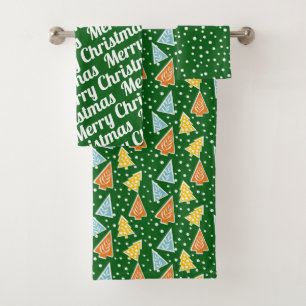 Christmas trees "Merry Christmas" snow green Bath Towel Set