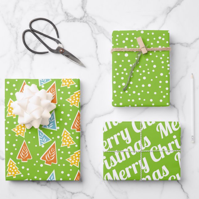 Christmas trees "Merry Christmas" snow lime green Wrapping Paper Sheet (Front)