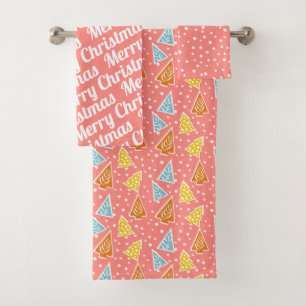 Christmas trees "Merry Christmas" snow pink Bath Towel Set