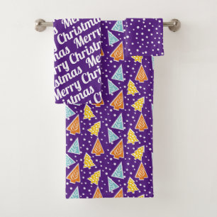 Christmas trees "Merry Christmas" snow purple Bath Towel Set