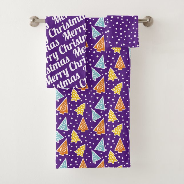 Christmas trees "Merry Christmas" snow purple Bath Towel Set (Insitu)