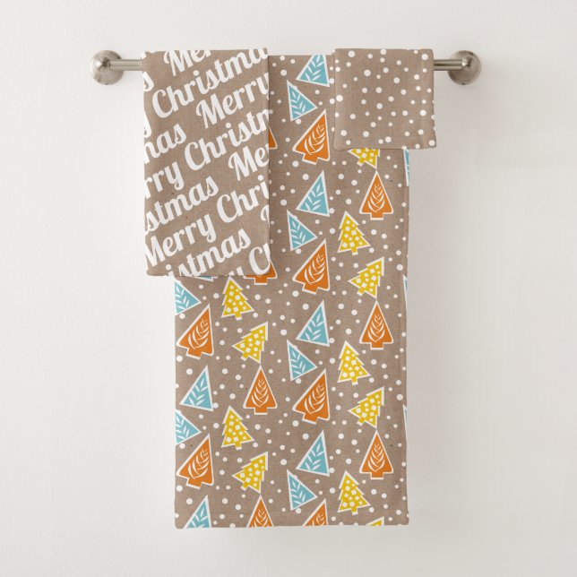 Christmas trees "Merry Christmas" snow rustic Bath Towel Set (Insitu)