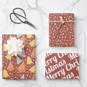 Christmas trees, "Merry Christmas", terracotta Wrapping Paper Sheet