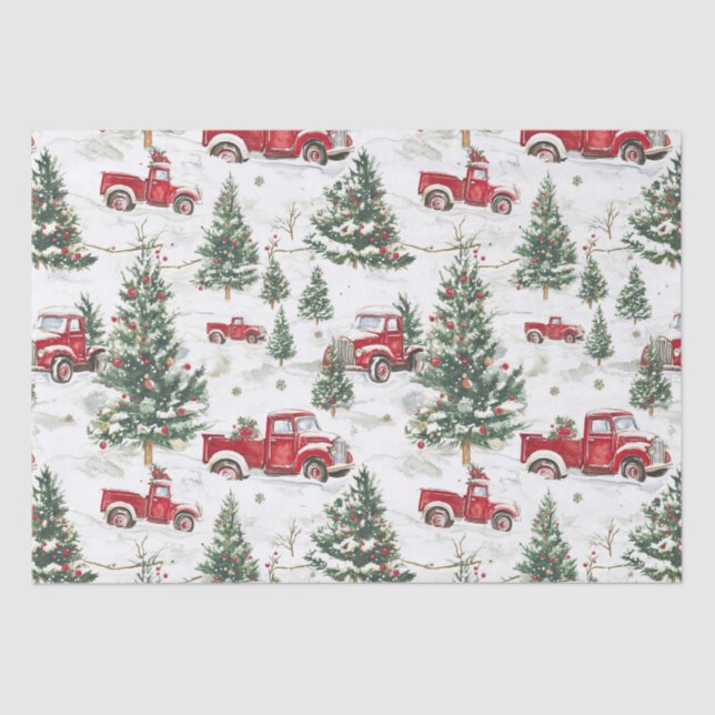 Christmas Trees Old Red Truck Tissue Paper (Front)