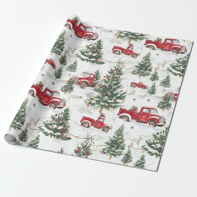 Christmas Trees Old Red Truck Wrapping Paper (Unrolled)