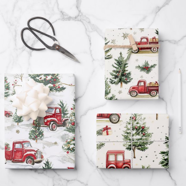 Christmas Trees Old Red Truck Wrapping Paper Sheet (Front)