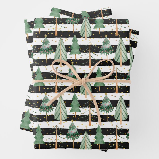 Christmas Trees on Black White Stripes Dots Wrapping Paper Sheet (In situ)