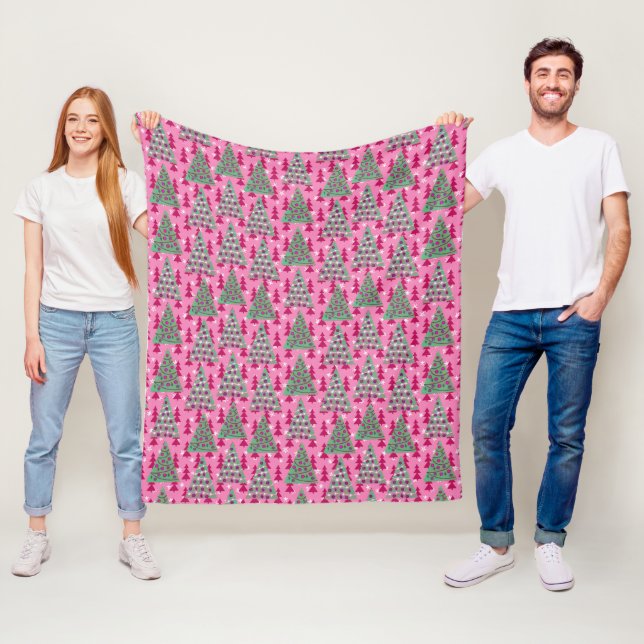 Christmas Trees on Hot Pink Fleece Blanket (In Situ)