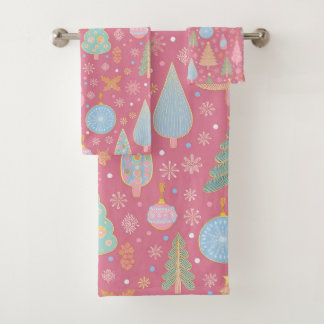 Christmas trees on pink bath towel set