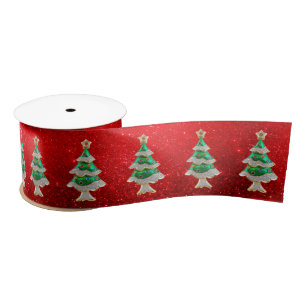 Christmas Trees on  Red Glitters Satin Ribbon