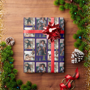 Christmas trees on starry blue photo collage wrapping paper