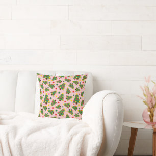 Christmas Trees, Ornaments, and Stars Light Pink Cushion