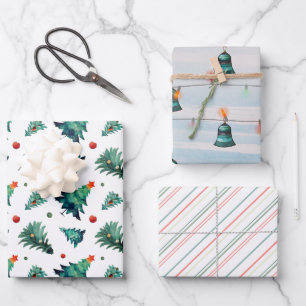Christmas Trees, Ornaments and Stripes Wrapping Paper Sheet