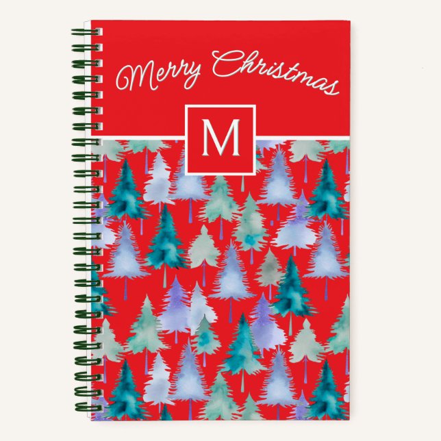 Christmas Trees Pattern Festive Red Monogrammed Notebook (Front)