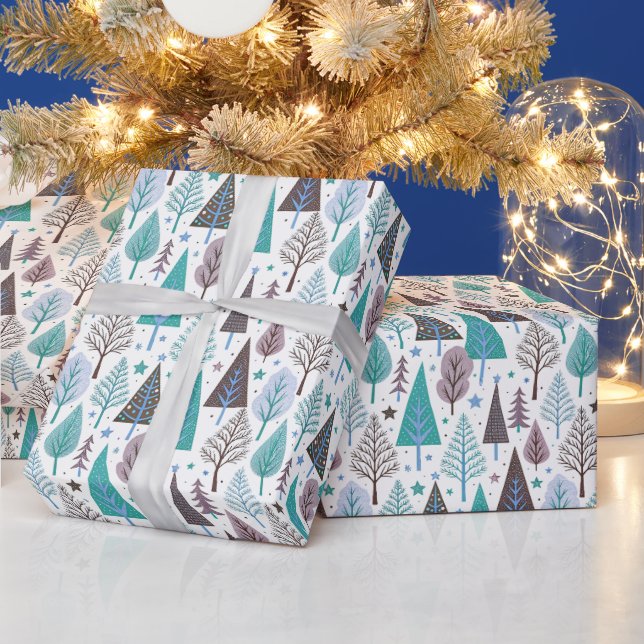 Christmas Trees Pattern in Teal and Purple Wrapping Paper (Holidays)