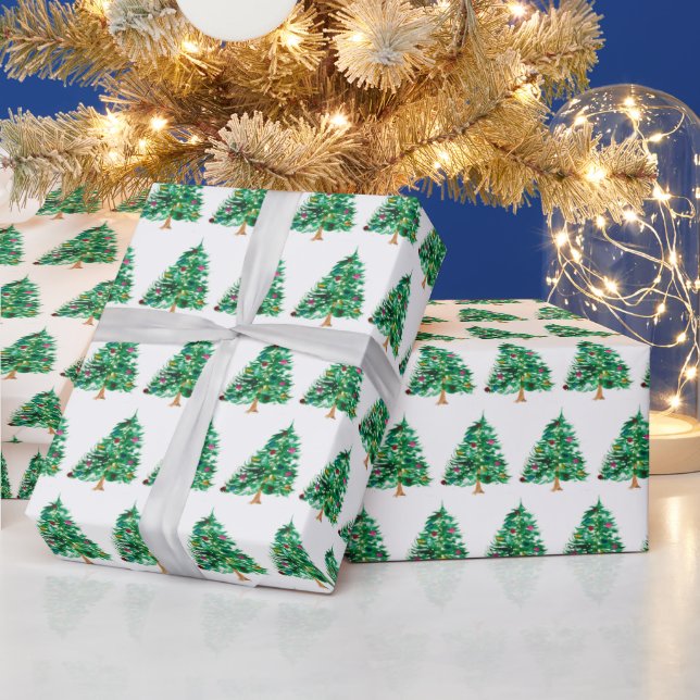 Christmas trees pine Festive Green Watercolor  Wrapping Paper (Holidays)