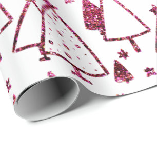 Christmas Trees Pink Burgundy Stars Beetroot White Wrapping Paper