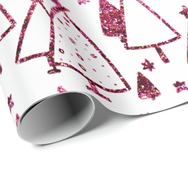 Christmas Trees Pink Burgundy Stars Beetroot White Wrapping Paper (Roll Corner)