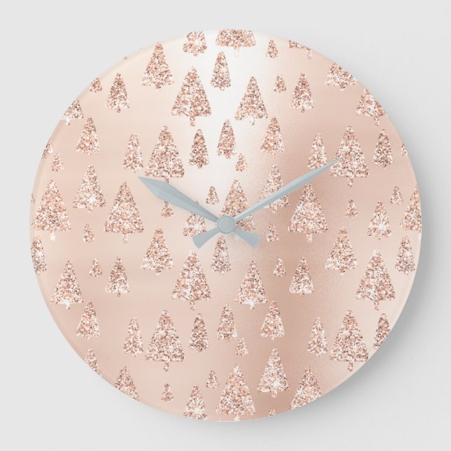 Christmas Trees Pink Rose Gold Blush Girly Sparkly Large Clock (Front)