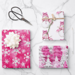 Christmas Trees Pink White Snowflakes Wrapping Paper Sheet