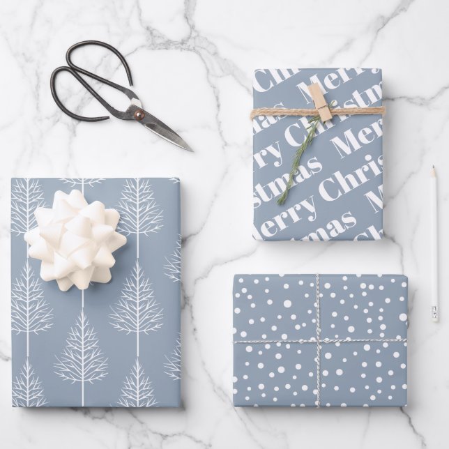 Christmas, trees, polka dots holiday dusty blue wrapping paper sheet (Front)
