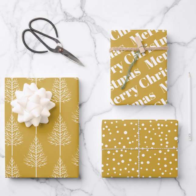 Christmas, trees, polka dots holiday gold wrapping paper sheet (Front)