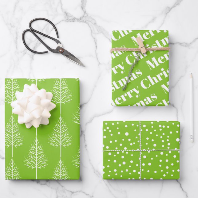 Christmas trees, polka dots lime green holiday wrapping paper sheet (Front)
