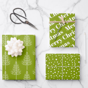 Christmas trees, polka dots olive green holiday wrapping paper sheet