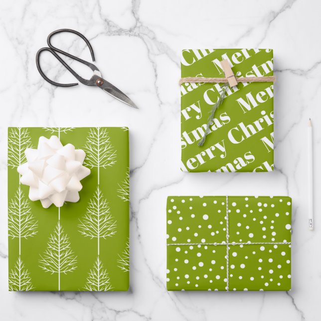 Christmas trees, polka dots olive green holiday wrapping paper sheet (Front)