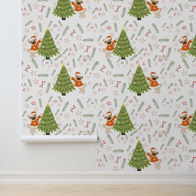 Christmas trees &pug dog pattern custom background wallpaper (Application)