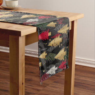 Christmas Trees Red Black Gold Short Table Runner