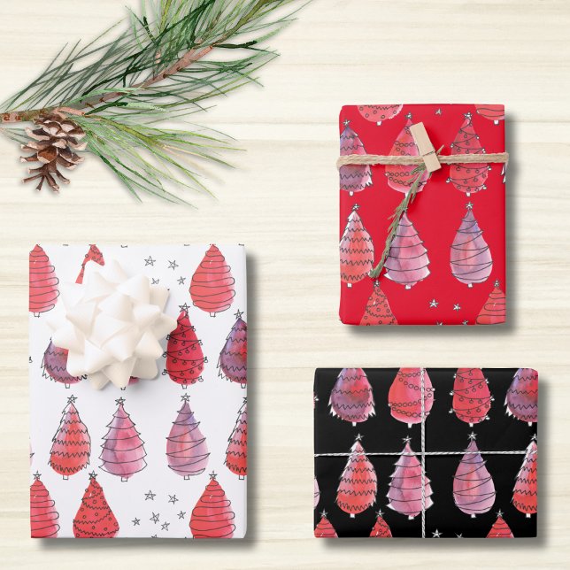 Christmas Trees Red Black White Wrapping Paper Sheet (Creator Uploaded)