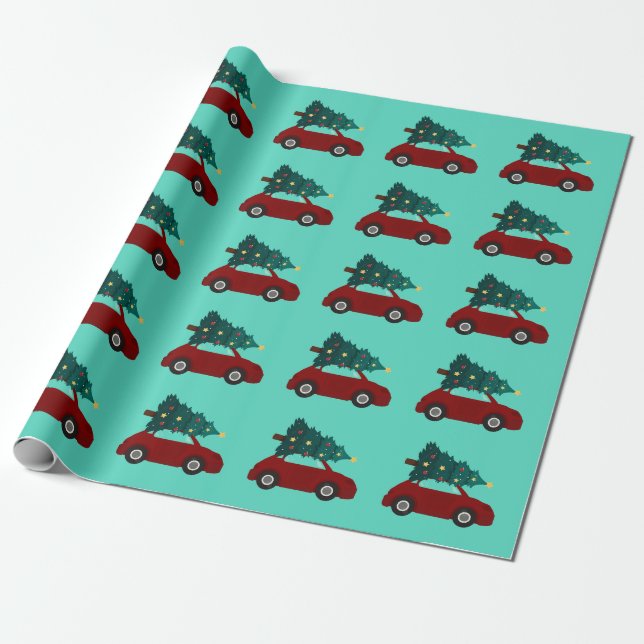 Christmas Trees Red Car Patterns Wrapping Paper (Unrolled)