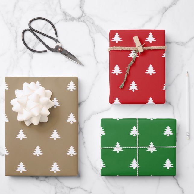 Christmas Trees red green white brown kraft simple Wrapping Paper Sheet (Front)