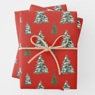 Christmas Trees Red Wrapping Paper Sheet